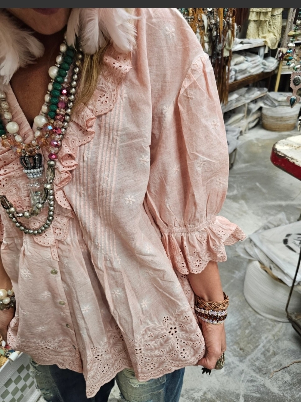 NEW A Rare Bird Pink Eyelet Linen Top - Bohemian Peasant Blouse, Blush Pink